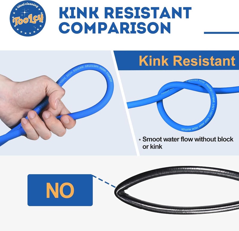TOOLCY Super Flexible Pressure Washer Hose 50ft, 3400 PSI Kink Resistant Power Washer Hose 1/4 in., Replacement Power Wash Hose with M22 and 3/8" Quick Connection Kit for Gas & Electric - Image 5
